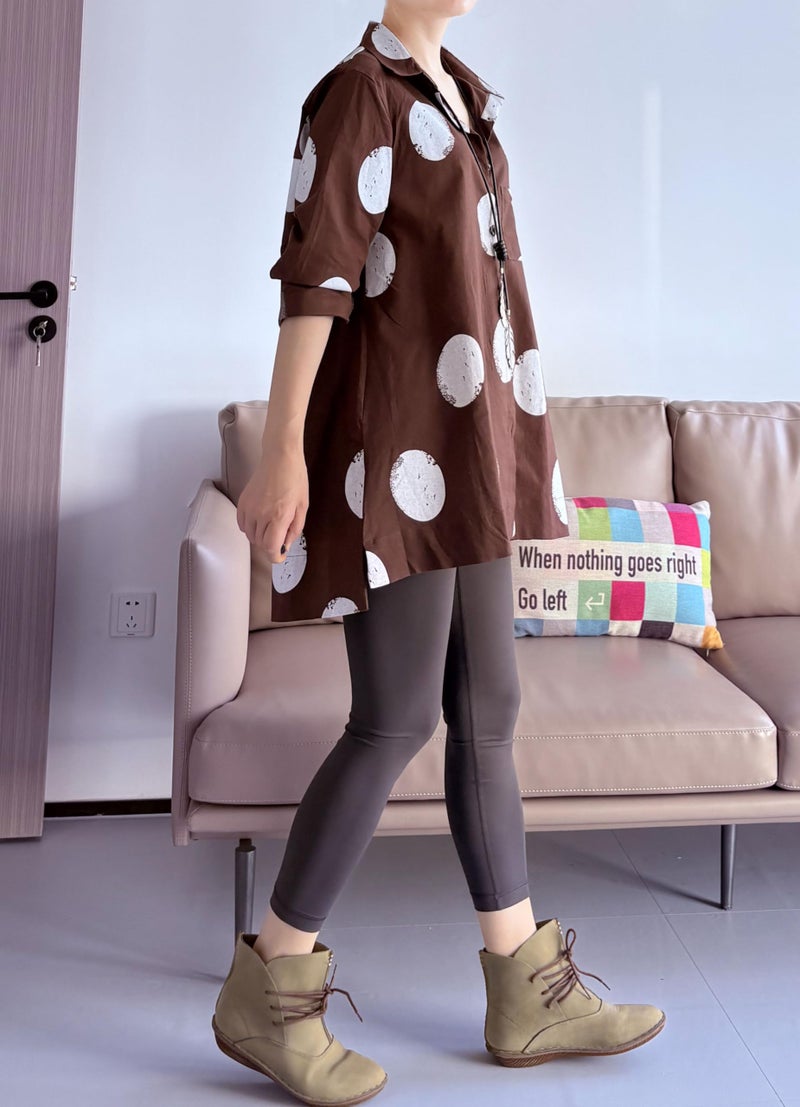 Minibee Women's Button Down Tunic Tops Polka Blouse Cotton Shirt (XL, Style1 Coffee) - Image 2